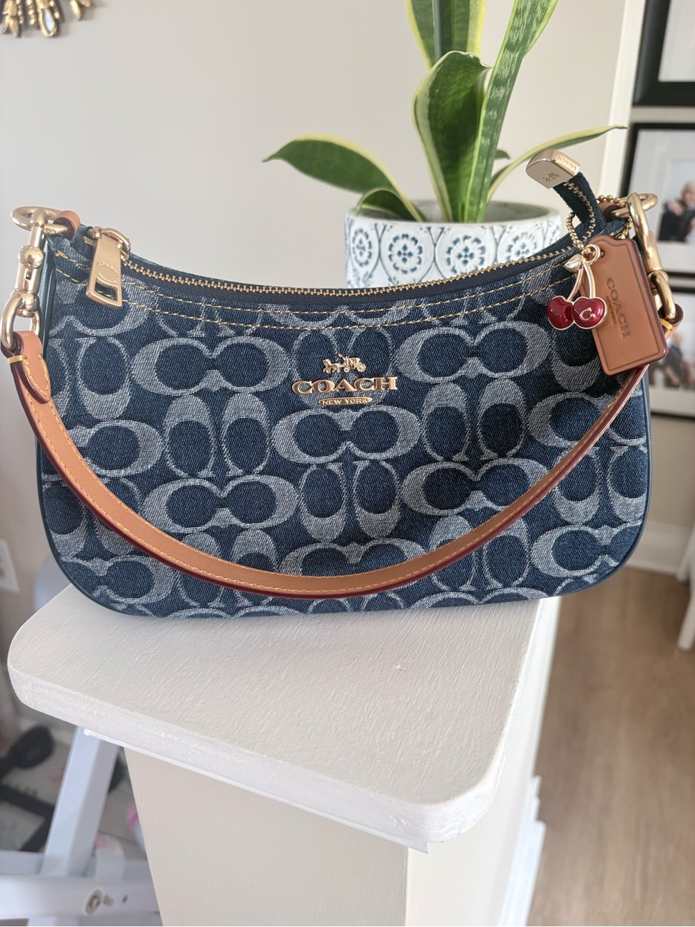 Coach Denim Signature Canvas Shoulder Bag with Cherry Charm - Picture 2 of 10